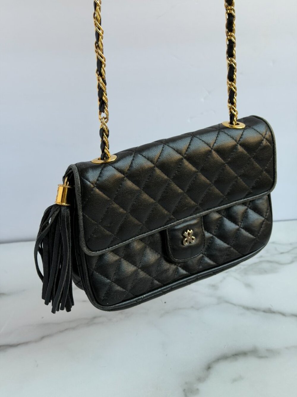 Vintage Jay Herbert NY Black Quilted Leather Flap Bag with Tassel